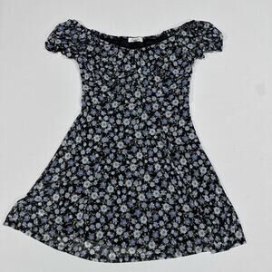 No Comment Dress Womens M Black Blue Floral Off Shoulder Puff Sleeve Fit Flare